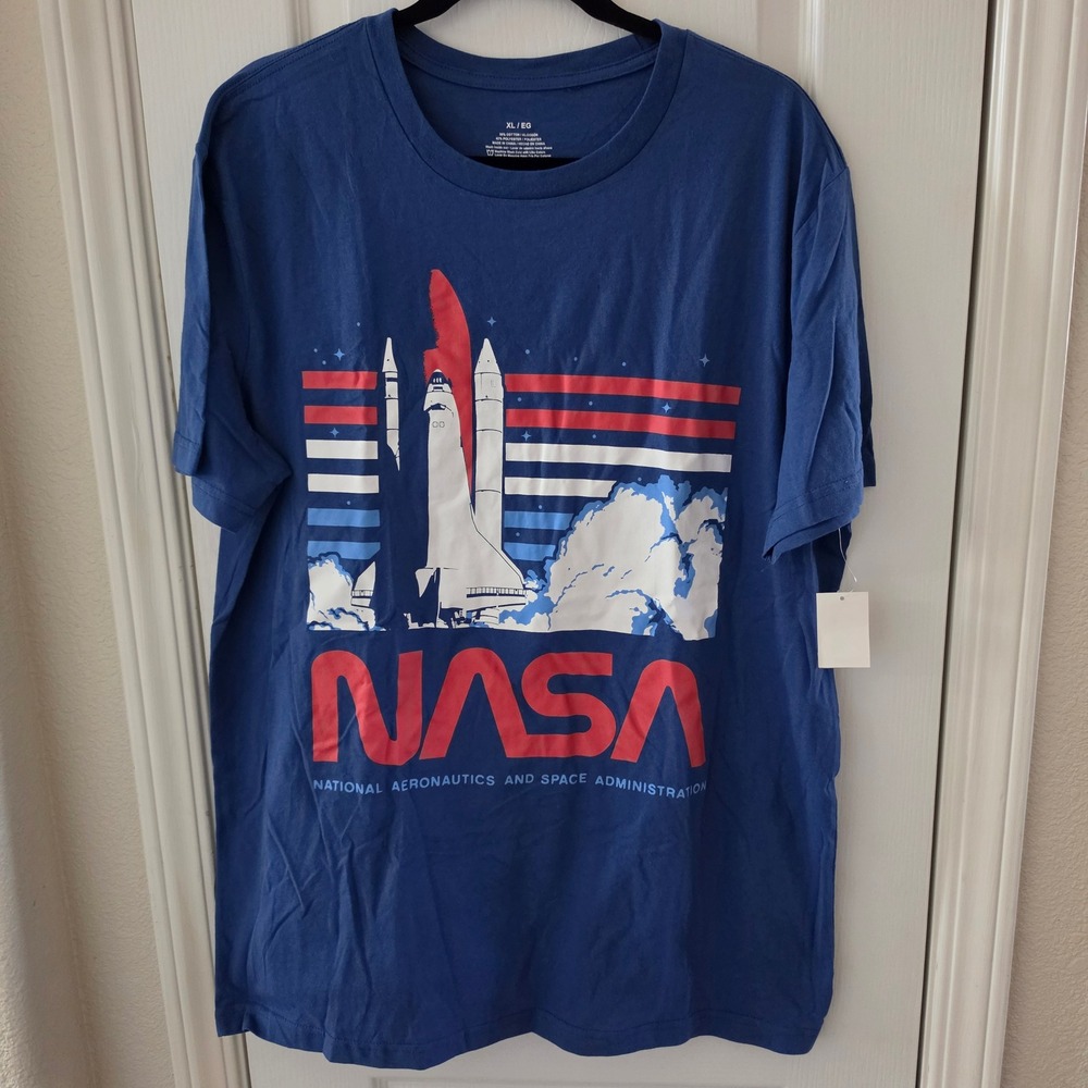 NASA Space Shuttle Graphic T-Shirt Mens XL Blue Mad Engine Short Sleeve Tee